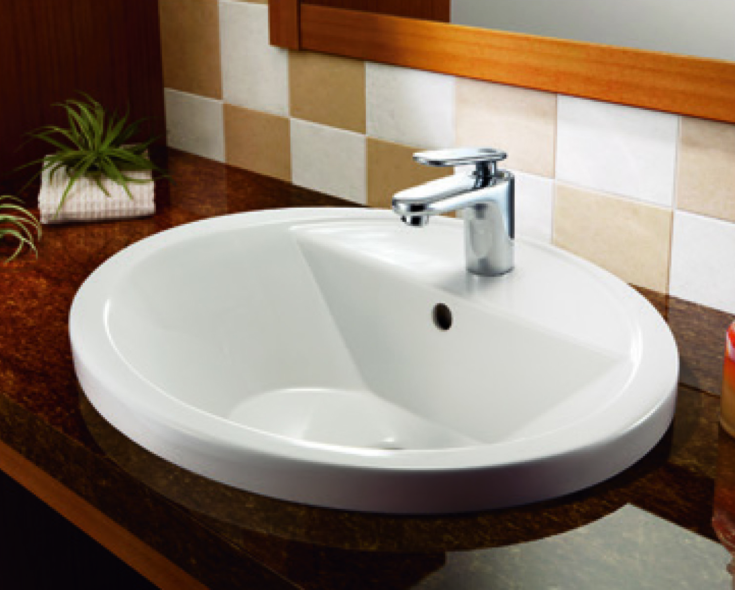 オーバル型オーバーカウンター洗面器+ヴェリス洗面混合栓(壁給水・壁排水タイプ)